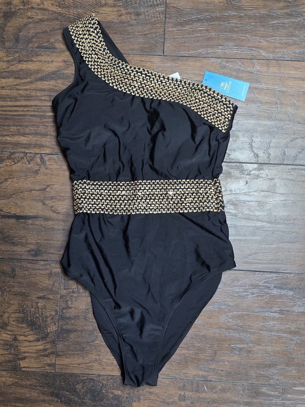 NWT Cupshe One-Shoulder Black & Gold Women’s Swimsuit Size Small
